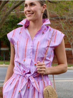 Adrienne Lavender Sleeveless Tie-Front Button Blouse with Orange Accents